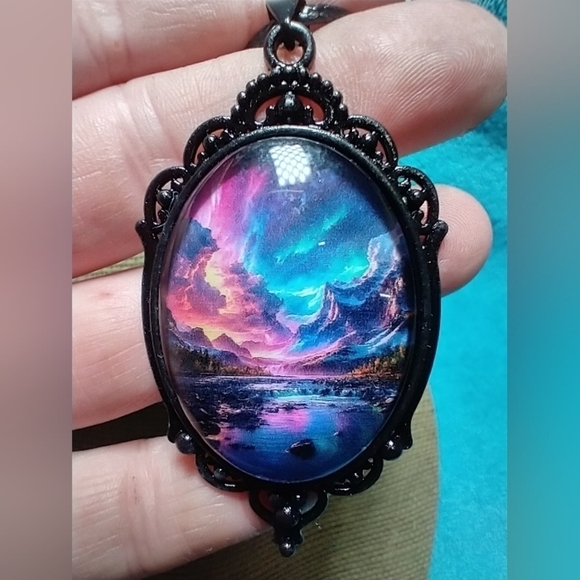 Black cabochon on black cord pink blue aurora mountain scene necklace - Picture 4 of 5